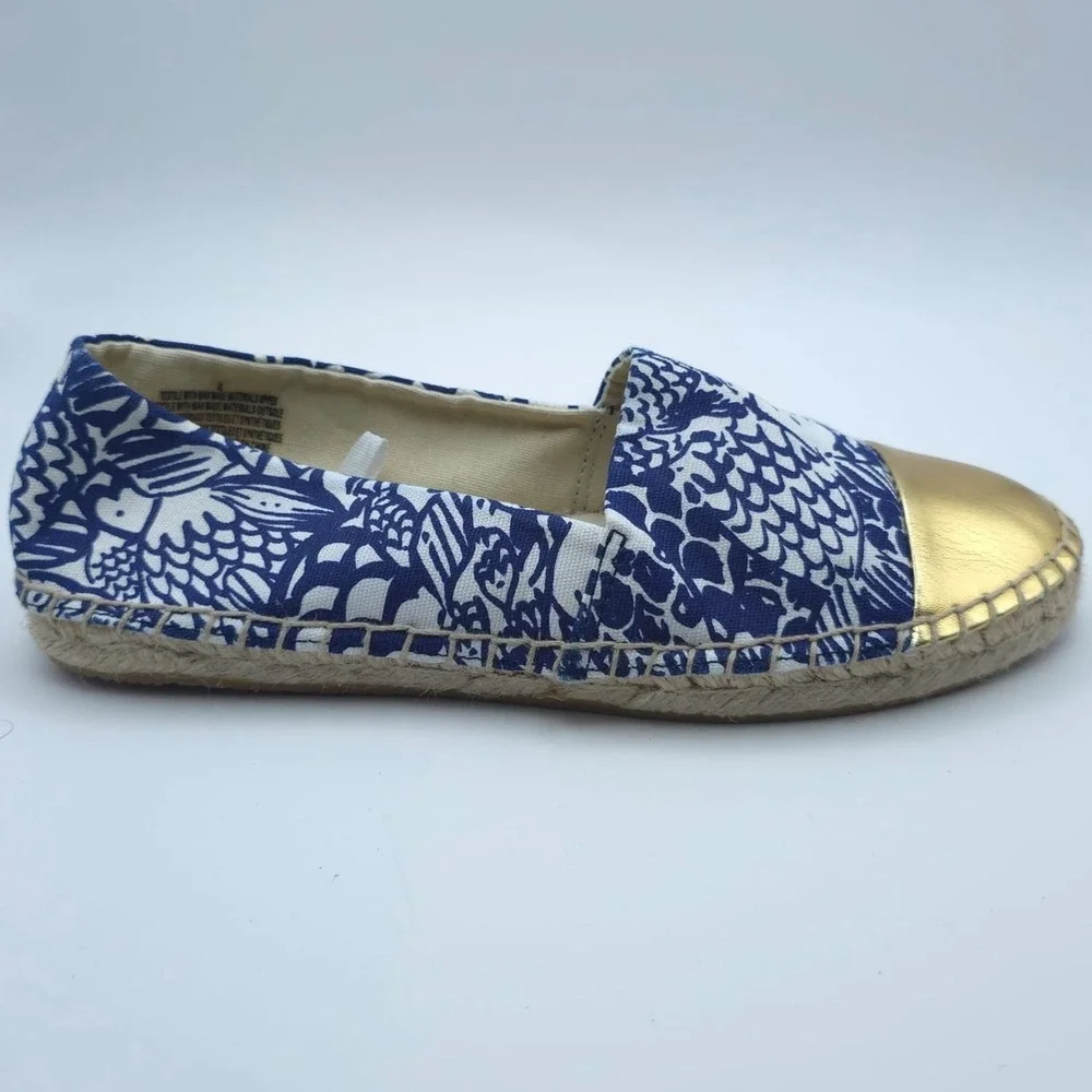 LILLY PULITZER Upstream Fish Gold Cap Toe Espadrille Women's 8 Blue White Canvas